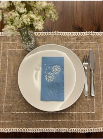 Resim Gümüş Yaldızlı Mavi Hindiba Çiçeği Baskılı Garson Katlama Peçete 16 Adet 