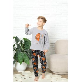 Resim Yeni Stil Sonbahar/kış Erkek Çocuk Basketball Desenli Polar Pijama Takımı 4562 Gri 