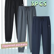 Resim Erkekler için 3 adet Hafif Jogger Pantolon, Fermuarlı Cep Detaylı - Hızlı Kuruyan, Esnek, Düz Renkli Rahat ve Dış Mekan Kullanımı İçin Bol Kesim Pantolonlar Bahar/Yaz/Sonbahar için 