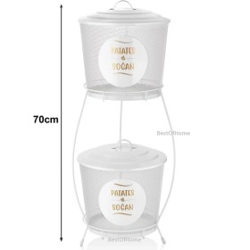 Resim Toptanfoni Lüx Ferforje İki Katlı Metal Patates Ve Soğan Saklama Kovası Fileli Beyaz 