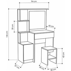 Resim AE-4002 Novella Puflu Aynalı Makyaj Masası, Dolaplı, Çekmeceli, Raflı, Beyaz, Minderli, Tuvalet 