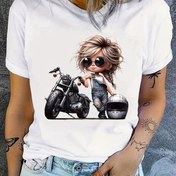 Resim Kadınlar için Beyaz Grafik Baskılı Tişört - Karikatür Motosiklet Tasarımlı, Orta Esneklikte ve Makinede Yıkanabilir Yaz & İlkbahar İçin Kısa Kollu Yuvarlak Yaka Üst, Her Mevsim Uygun, Şeffaf Olmayan Malzeme 