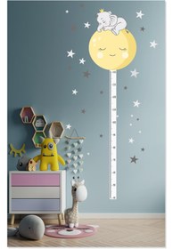 Resim Sevimli Uyuyan Fil ve Ay Boy Ölçer Çocuk Odası Duvar Sticker - 50 cm / Renkli / Boy Ölçer 