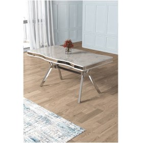 Resim Canisa Vae Serisi 90x160 Lak Panel Beyaz Mermer Desen Krom Ayak Masa Takımı 6 Siyah Sandalye Beyaz Mermer Desen Masa Sandalyeler Siyah 