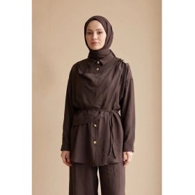 Resim Modestim Kadın Kahverengi Tesettür Ikili Takım Omuz Detaylı Kuşaklı Oversize Rahat Kesim Günlük Klasik Kombin 