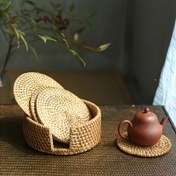 Resim 6 Parça El Dokuma Rattan Bardak Altlığı Seti, 1 Dokuma Çay Gereçleri Tutucu, Gongfu Çayı İçin Isıya Dayanıklı Mutfak Paspasları, Dayanıklı Masa Aksesuarları 