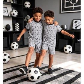 Resim NiCe İç Giyim Futbol Temalı Gri Renk Bisiklet Yaka Kısa Kol T-Shirt & Şort Erkek Çocuk Pijama Takım Pamuklu Penye 