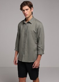 Resim Regular Fit Shirt Neck Düz Erkek Yeşil Uzun Kol Gömlek Colin's