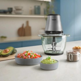 Resim Philips 3000 Serisi Doğrayıcı Rondo; 500W Güçlü Motor, 2 Litre Geniş Cam Hazne, Özel Powerchop Teknolojisi, 2 Farklı Hız Ayarı, 4'lü Paslanmaz Çelik Bıçak, Buz Kırma Özelliği, Metalik Gri Tasarım 