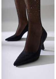 Resim Limoya Celestine Siyah Balık Pulu Dokulu Sivri Burunlu Stiletto 001 
