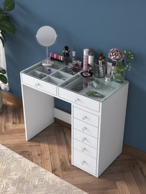 Resim Rani Mobilya Rani Bj107 Makyaj Masası 7 Çekmeceli Cam Tablalı Takı Düzenleyici Beyaz 