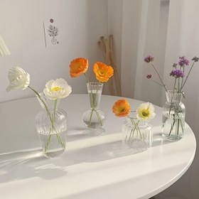 Resim Şık Şeffaf Çizgili Hidroponik Cam Vazo - Yüksek Borosilikat, Viktoryan Tarzı, Küçük Taze Çiçek Düzenlemeleri İçin Mükemmel, Ev ve Ofis Dekoru İçin İdeal 