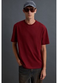 Resim Grimelange Solo Erkek %100 Organik Pamuklu Kalın Dokulu Comfort Fit Bisiklet Yakalı Bordo T-shirt 