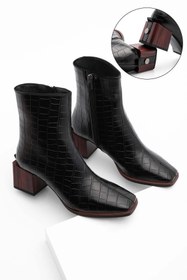 Resim Marjin Kadın Topuklu Bot&bootie Küt Burun Ahşap Desen Ökçe Fermuarlı Günlük Klasik Bot Sayen siyah Croco 