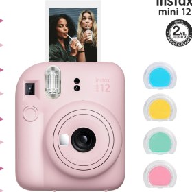 Resim Instax Mini 12 Pembe Fotoğraf Makinesi ve 4'lü Renkli Lens Seti 