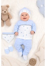 Resim Sitilin Erkek Bebek 5'li Hastane Çıkışı Seti %100 Pamuk Yenidoğan Bebek Hediyesi Zıbın Takımı Mavi Stl7205 Beyaz 