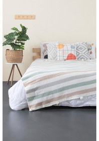 Resim Aksu Ponpon Pamuklu Çift Kişilik Battaniye - Bej 