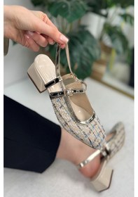 Resim İmershoes Günlük Kadın Ayakkabı Abiye Kalın Kısa Topuk Arka Açık Önü Kapalı Tokalı Bantlı Küt Burun Babet 022 Bej 