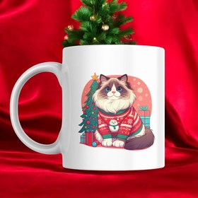 Resim ESC BUTİK Cute Cat Yeni Yıl Kupası - Beyaz / Standart 