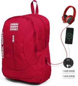 Resim Coral High Sport Kırmızı Usb Şarjlı Kulaklık Çıkışlı Dört Bölmeli Sırt Çantası 23451 