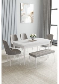 Resim Jusie Beyaz 80x132 Açılabilir Yemek Odası Takımı 4 Sandalye, 1 Bench Gri 