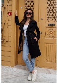 Resim Pastelastore %100 Pamuk Gabardin Midi 95cm Astarlı Kemerli Kadın Trençkot 1113 Siyah 