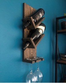 Resim Ahşap Şaraplık, 2 Şişe 2 Kadeh Bölmeli Şaraplık, Ceviz 