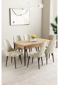 Resim Mabel Meşe Desen 80x132 Açılabilir Yemek Odası Takımı 6 Adet Sandalye Krem 
