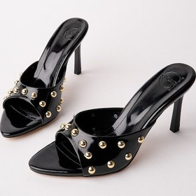 Resim Muggo Helena Kadın Zımbalı Sivri Burun Metal Detaylı Stiletto Topuklu Terlik Siyah 