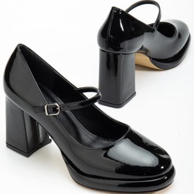 Resim Dilimler Ayakkabı Kadın Kalın Platform Topuklu Ayakkabı Siyah Rugan Baretli 