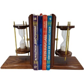 Resim Ahşap Kum Saati Kitap Tutucu Pirinç Detaylı Retro Dekoratif Obje (2'li) 
