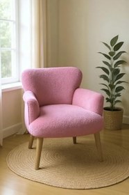 Resim Modern Şeker Pembe Teddy Kumaş Rahat Berjer Tekli Koltuk - Yumuşak Dokulu, Ahşap Ayaklı 