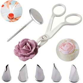 Resim 7 Parça Paslanmaz Çelik Gül Buzlanma ve Borulama Uçları, Çiçek Kaldırma Makası ve Kek ve Tatlılar İçin Çiçek Çivisi ile Pasta Dekorasyon Seti 