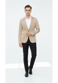 Resim Plus Scorpion Bej Erkek İtalyan Kesim Blazer Ceket Kol Yamali, Slim Fit, Şık Ve Modern Tasarım Bej 