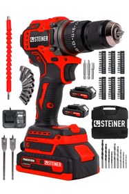 Resim STEİNER 21v Çift Akü Kömürsüz Motor Çelik Mandren Darbeli Akülü Vidalama Şarjlı Matkap (84 Parça Usta Set) 
