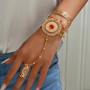 Resim Partiler & Tatiller için Mükemmel - Trendy, Boho-Chic Altın Oymalı Çiçekli Eldiven Bilezik Kırmızı Taş Vurgularıyla 