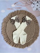 Resim Mini Kids Baby Kız Bebek Leopar Desenli Fiyonklu Krem Rengi Diz Altı Çorap 