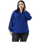 Resim Büyük Beden Yakada Pırıltı Detaylı Manşetli Saks Mavi Bluz Saks 