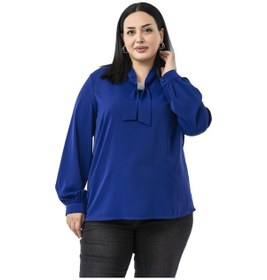 Resim Büyük Beden Yakada Pırıltı Detaylı Manşetli Saks Mavi Bluz Saks 