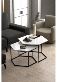 Resim Orta Sehpa Altıgen İkili Lüx Beyaz Çok Renkli 