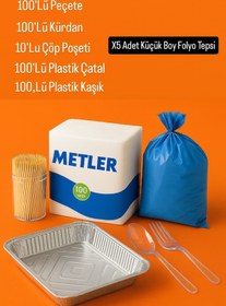 Resim Metler 6'lı Piknik Seti | Peçete Kürdan Çatal Kaşık Çöp Poşeti Alüminyum Folyo Tepsi Kamp Piknik Malzemesi 