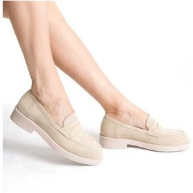 Resim Rahat Günlük Tarz Süet Nubuk Çalışan Kadın Loafer Ayakkabısı Bej 