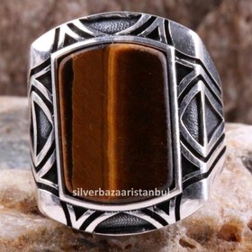 Resim Tigers Eye Stone Jewelry Solid 925 Sterling Silver Men Ring - US: 8.25 / 58 mm / Turk: 18 