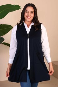 Resim Kadin Buyuk Beden Tesettur Yelek Düğmeli ve Cepli Esnek Yelek - Lacivert / 4XL 