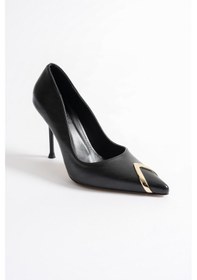 Resim Nivora Kadın Siyah Deri Gold Aksesuarlı Sivri Burun Yüksek İnce Topuklu Ayakkabı Stiletto 9.5cm Siyah 