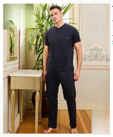 Resim Pijamoni Erkek Düğme Yaka Kısa Kol Pijama Takımı 6850/13 - 1 Adet Koyu Lacivert 