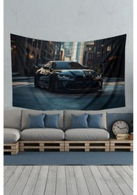 Resim Siyah Spor Araba Desenli Duvar Halısı Duvar Örtüsü Tapestry Süet Dokulu Kumaş 