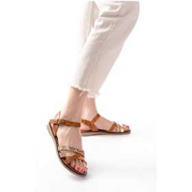 Resim 205-015 Taba Garni Ortopedik Hakiki Deri Kadın Sandalet Altın - Taba 