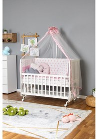 Resim Ahşap Beşik Anne Yanı Beşik Beyaz 60x120 - Pembe Yıldız 3 Yastıklı Uyku Seti + Yataklı + Tekerlekli Beyaz 