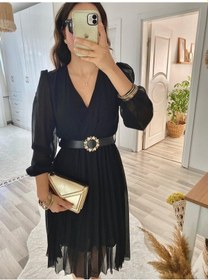 Resim Kadın Şifon Kumaş Astalı Kloş Kesim Kruvaze Yaka Midi Boy Elbise Karışık 